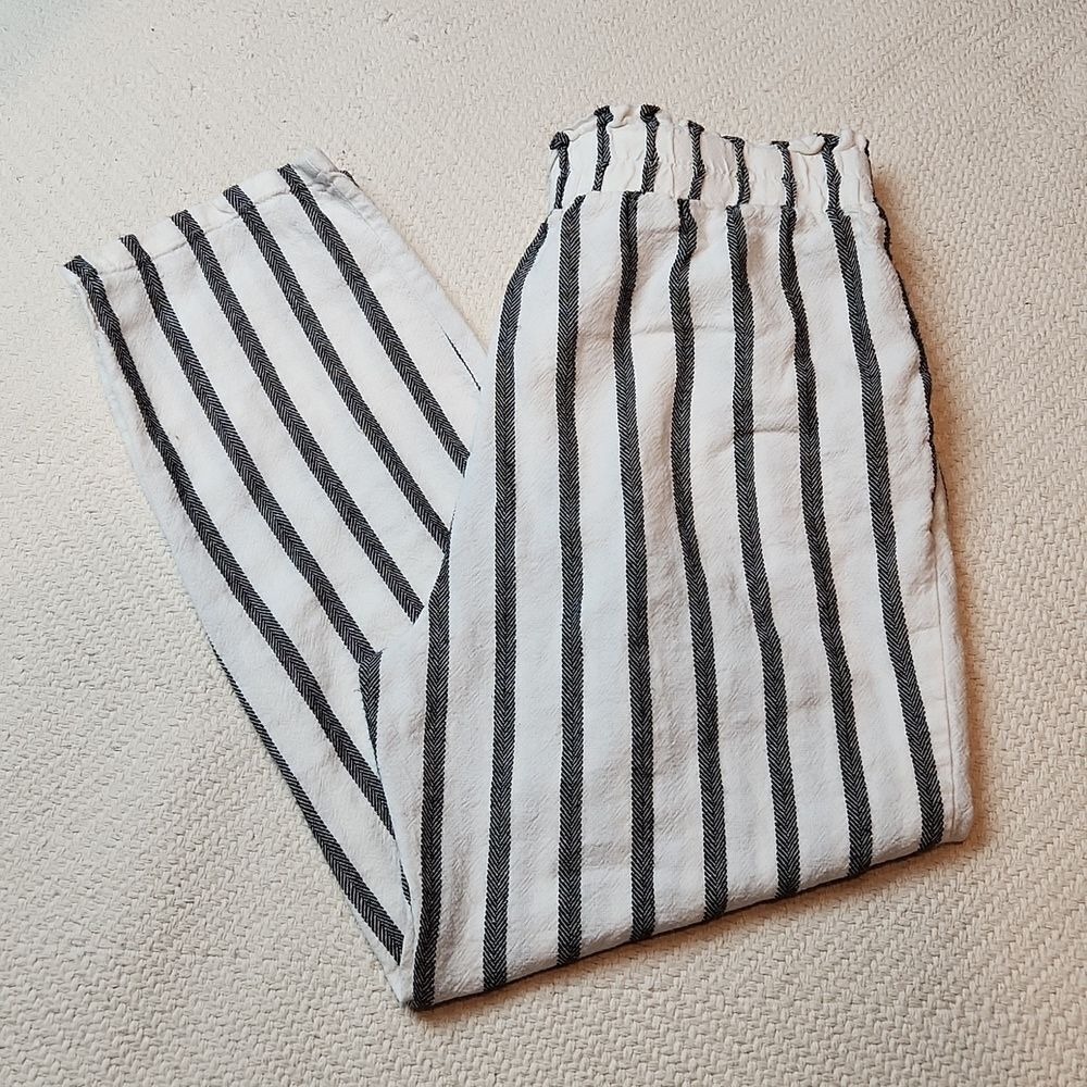 Ambiance Apparel White Linen Black Stripe High‎ Waist Pant